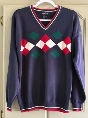 COTTON TRADERS Vintage Cotton Argyle V Neck  Sweater | Size Large